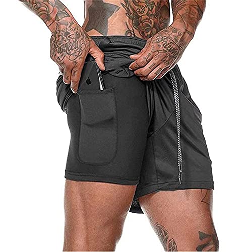 XDSP Shorts Herren 2 in 1 Trainingsshorts Sommer Kurze Hosen Schnelltrocknende Laufshorts, Trainingsshorts Sporthose mit Taschen Kompressionsshorts (Black, L, l)