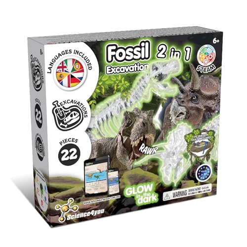 Science4you Dino Ausgrabungsset 2 in 1 - Fossilien Ausgrabungsset für Kinder ab 6+, das im Dunkelheit Leuchtet Dinosaurier Spiel und Dino Geschenk für Junge und Mädchen ab 6 7 8 9+