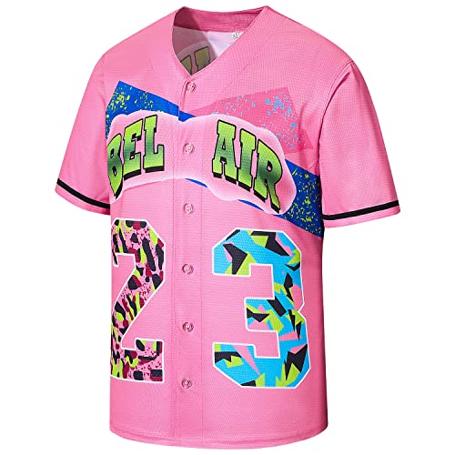 Aolapo 90er-Jahre-Outfit für Damen, Hip-Hop-Party, Bel Air-Baseball-Trikot, Unisex, lockere Kurzarm-Shirt-Kleidung, Pink, Mittel