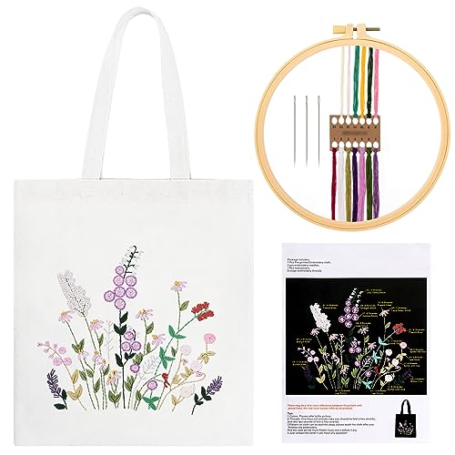 JSRQT Canvas Tote Bag Stickerei Set Anfänger, Stickerei Starter Set für Erwachsene, Canvas Taschen Kreuzstich Sets mit Blumenmuster, Handstickset mit Bambus Stickrahmen und Anleitung, Weiße