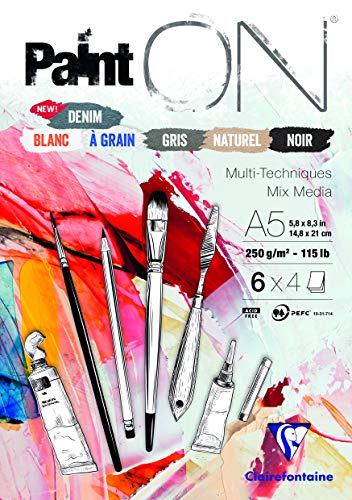 Clairefontaine 975409C - Zeichenblock / Skizzenheft PaintON, DIN A5 14,8x21 cm, kopfseitig geleimt, 24 Blatt, 250g, 100% Zellulose, ideal für Mixmedia, feinkörnung, 6 farben sortiert x4, 1 Stück.