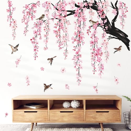 wondever Wandtattoo Kirschblüte Rosa Baum Ast Groß Wandaufkleber Hängende Blumen Blüten Vögel Wandsticker Wanddeko für Wohnzimmer Schlafzimmer Sofa Hintergrund