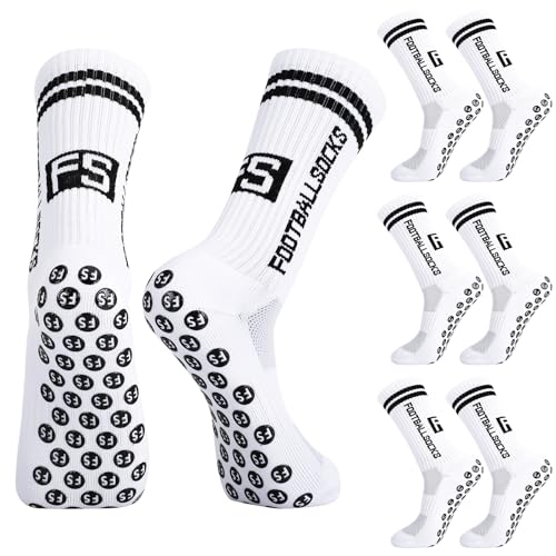 Apricitie 3 Paare Fussball Socken Kinder Fußballsocken Anti Rutsch Grip Jungen Fußball Socken Rutschfeste Sportsocken für Fussball Basketball Laufen Rugby Tennis(S, Weiß)