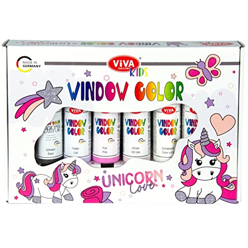 Viva Decor Window Color Set Unicorn Love (6 Farben à 90 ml) Geschenkset Window Color Set Kinder mit 6 Fensterfarben in Geschenkverpackung mit 15 Motiven - Made in Germany