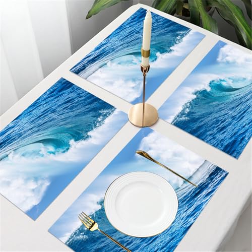 UREJD Tischsets Abwaschbar 4 Set,Vinyl Platzsets Abwaschbar für küche Speisetisch Hotel,Kaffeehaus,Festsaal,Platz-Matten,Ozeandekorationen, große, kraftvolle Wellen des Pazifiks,30x45cm