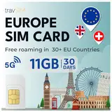 travSIM Europe SIM-Karte bietet 11 GB Daten mit 4G/5G, unbegrenzte Anrufe und kann in Großbritannien, der Schweiz und über 30 EU-Ländern genutzt Werden. Der Plan ist 30 Tage lang gültig.