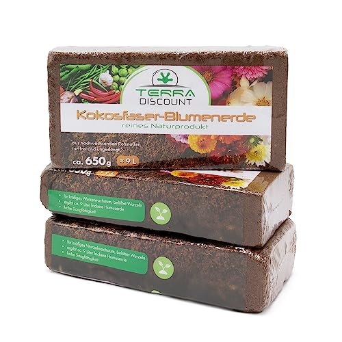 Terra Discount Kokosfaserhumus *Blumenerde* 3X ca.650g (ergibt ca. 27 Liter), Kokoserde als Hochbeeterde und für Pflanzen/Zimmerpflanzen, aus nachwachsenden Rohstoffen, torffrei und ungedüngt