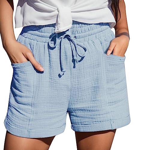 Shorts Damen Sommer Leinen Musselin Kurze Hose Fashion Elegant Kurzhose Bequeme Lockere Strandshorts Leicht Atmungsaktive Sweatshorts Täglich Outdoor Kurz Tunnelzug Einfarbig Hotpants