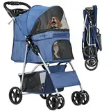 YITAHOME Hundewagen Haustiere Buggy bis 15kg, Hundebuggy mit Netzfenstern & Getränkehalter & Ablagekorb, Katzenbuggy für kleine Hunde Katzen (Blau)