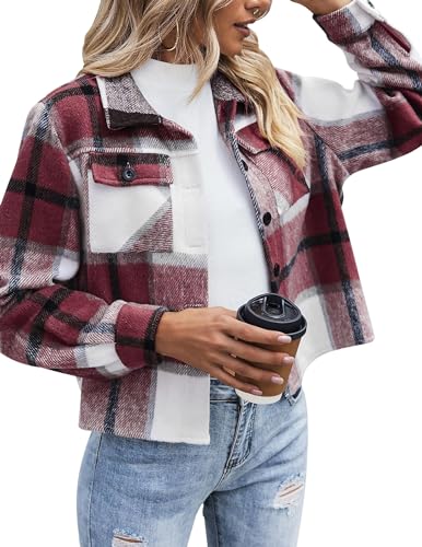 Zeagoo Damen Übergangsjacke Karierte Jacke Hemdjacke Langarm Shacket Mantel Flanell Jacke Kurz Hemdbluse Rotwein M