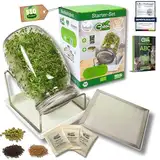 Green SEEDS® [Das Original Sprossenglas Starter-Set + KRESSESIEB + 3 x Saatgut | 1000ml mit hochwertigem Edelstahl-Gitterdeckel, Ständer, Keramikschale + Sprossen-ABC [Druckversion] Keimglas