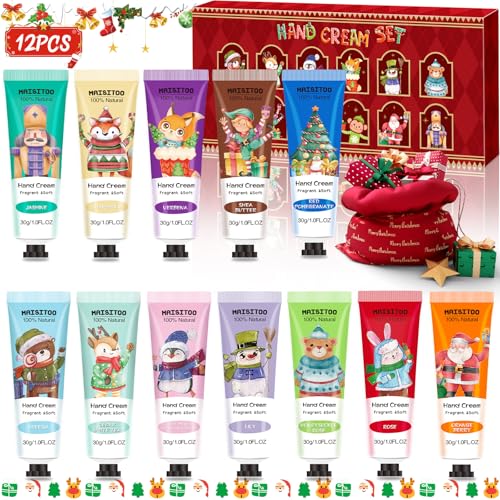 ZZXLOPEZ Handcreme Set, 12PCS Feuchtigkeitscreme Pflegecreme für Trockene Rissige Hände Füße, Handcreme Mini Hand Cream Set, Weihnachten Set, Kleine Dankeschön Geschenke für Frauen Männer Kollegen