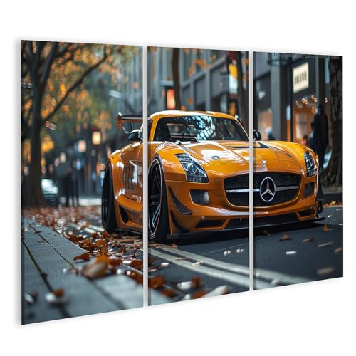 islandburner Prime Bild auf Leinwand Orangefarbener Mercedes im Herbstlaub für Wohnzimmer Autoliebhaber Autohaus Bilder Wandbilder Poster