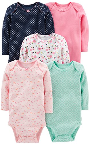 Simple Joys by Carter's Unisex Baby 5-Pack Long-Sleeve Bodysuit Body, Marineblau Punkte/Minzgrün/Rosa/Floral/Schmetterlinge, 12 Monate (5er Pack)