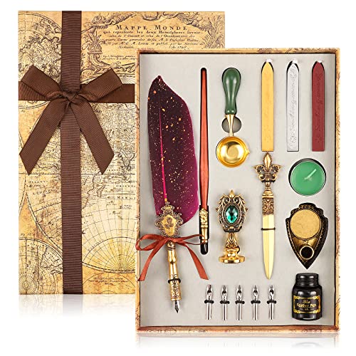 Sterneer Kalligraphie Set, Schreibfeder Kaligraphiestifte Set, Vintage Federstift Set mit federn, Siegelstempel für Briefpapier Geschenk (Rot)