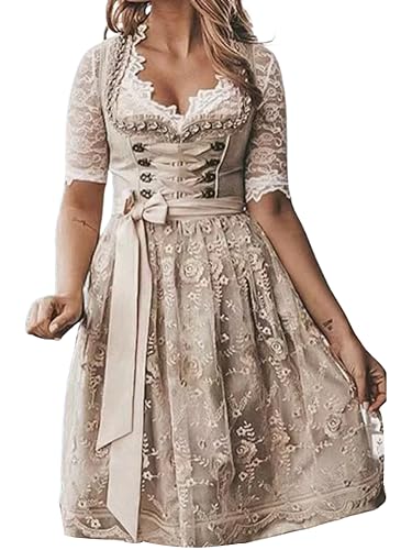 ORANDESIGNE N Aprikose Dirndl Damen midi Trachtenkleid Damen Trachtenrock Trachtenmode Kleid N Aprikose Dirndlbluse für Oktoberfest M