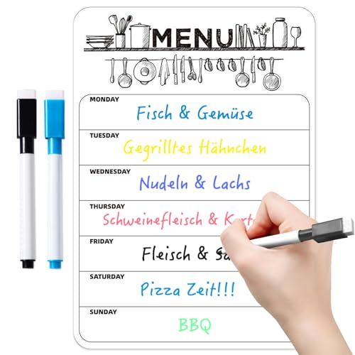 Alethron Essensplaner, A4 Magnettafel Kühlschrank, Essensplaner Woche Abwischbar, Wochenplaner Menüplaner Stundenplan Abwischbar Magnetisch inkl. 2 Stift Meal Planner für Den Kühlschran Familie