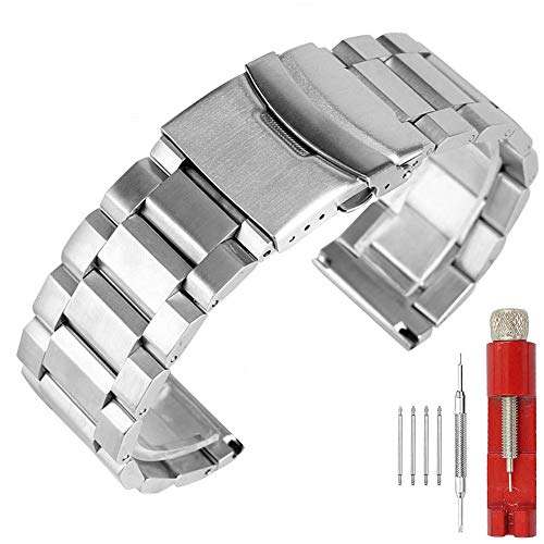 Kai Tian 18mm Solide Silber Edelstahl Uhrarmband Gebürstetes Metall Armbanduhr Uhrenband für Damen Herren Doppelschlösser Faltschließe Armband