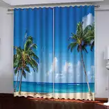 Verdunklungsvorhänge Mit Ösen - 2Er Set 220 X 215 cm 3D Kokospalme Blauer Himmel Meer Gardinen Wohnzimmer Schlafzimmer Kinderzimmer Ösenvorhang Blickdicht Verdunklungsgardine Für Weihnachten-4T8K/O6U