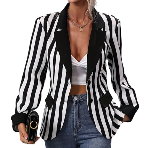 Odizli Blazer Damen Elegant Sportlich Langarm Gestreifte Jackett Lang Blaser Jacke Sweatblazer Jersey Oversize Longblazer Halloween Karneval Fasching Cardigan Anzug Faschingskost�me Schwarz Wei� XL