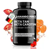 Amando Perez Beta Carotin Depot Bräunungskapseln - 180 VEGANE Softgels mit 50.000 I.E - Vorstufe von Vitamin A hochdosiert Kapseln, Bräune, Karottensaft