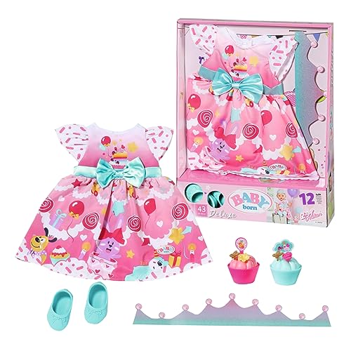 BABY born Zapf Creation 834152 Deluxe Geburtstag 43cm-Puppenzubehör Puppenkleidung Set bestehend aus Kleid, Schuhen, Papierkrone und Törtchen, rosa türkis, Einfarbig, S