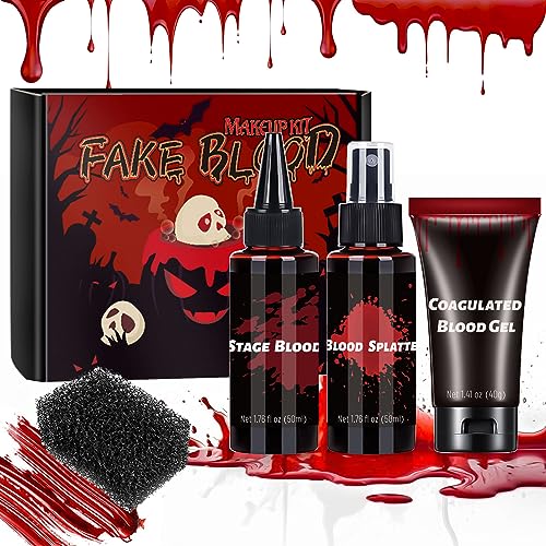 CHASPA Halloween Kunstblut Fake Blood kit - 4Pcs set Halloween Schminke Erwachsene Kunstblut Spray, Stage Blut, Blood Gel für Vampier Zombie Horror