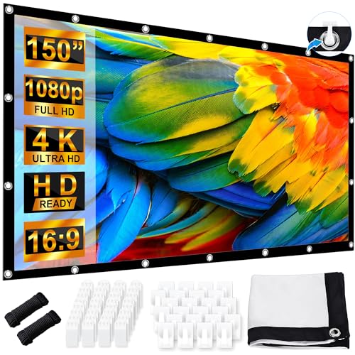Beamer Leinwand 150 Zoll, LEORFI Projektionsleinwand Outdoor 16: 9 HD, Tragbare Faltbar Anti-Falten Projektion leinwand 336x190cm, Doppelseitige Projektion, Projektor Leinwand für Camping und Heimkino