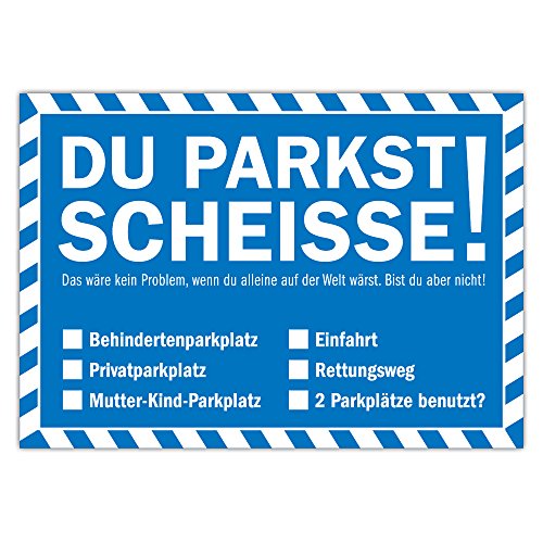 Falschparker Verwarnung Blau - Notizzettel Strafzettel für die Windschutzscheibe 50er Block "DU PARKST SCHEISSE!"