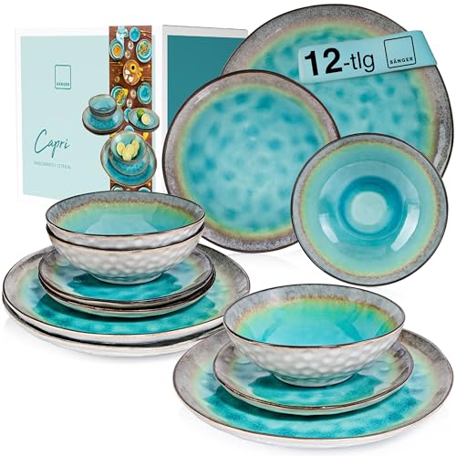 SÄNGER | Geschirrset Capri 12 tlg, Teller Set 4 Personen, Steingut Geschirr inkl. Speiseteller Dessertteller & Tiefe Teller, Tafelservice Handmade Türkis Blau mit Grauem Rand | PREMIUM COLLECTION