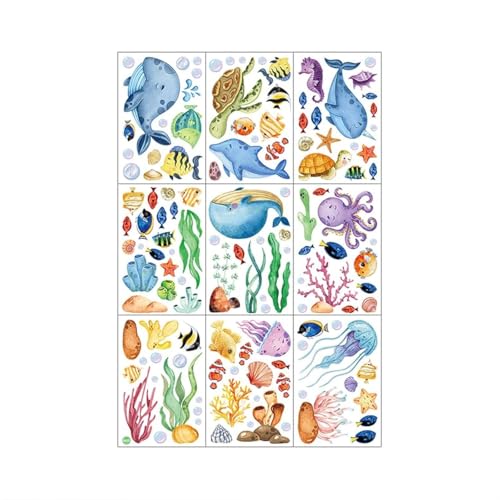 9 Blätter Fensterbilder Sommer Fensterbilder Selbstklebend Meere Kinder Buntes Tier Window Stickers Doppelseitige Statische Aufkleber für Fensterdekorationen Baby Dusche Party Zubehör (Meere)