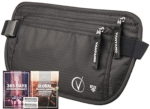 Geldgürtel - Bauchtasche Flach, Money Belt, Flache Geldgürtel RFID-geschützt, Gürteltasche Reise - Reise Bauchtasche für Reisepass mit Abdeckung, inkl. Global Recovery Tags (Klassisches Schwarz)