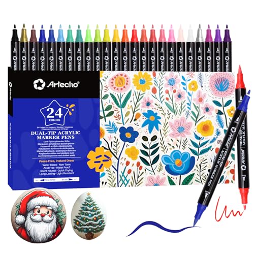 Artecho Acrylstifte 24 Farben, 0.5-5mm Wasserfester Dual Tip Marker (Pinsel und feine Spitze), mit doppelten Enden für Rock Painting, Glas, Papier, Holz, Ei, Leinwand, Keramik, Stoff, DIY Crafts