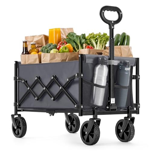 SONGMICS Handwagen faltbar, Bollerwagen, Gartenwagen, kompakt, mit Griff, mit 4 verstärkten Rollen, Davon 2 Universalräder, bis 180 kg belastbar, Outdoor, Garten, schiefergrau GFW909G01