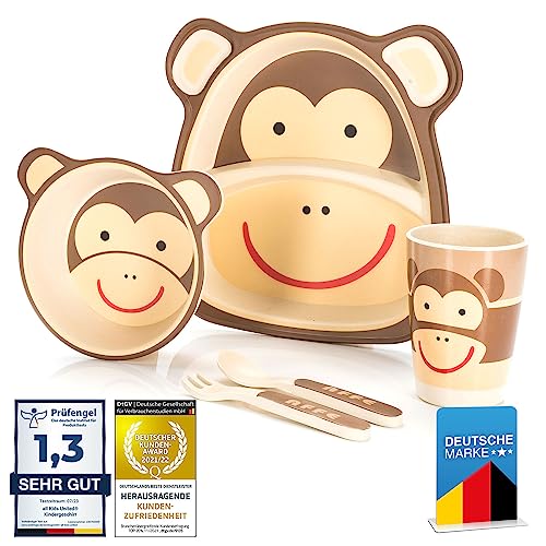 all Kids United® Kindergeschirr-Set aus Kunststoff; 5-teiliges Mehrweg Geschirr-Set mit Tier-Motive; Becher, Schüssel, Teller, Löffel & Gabel für Kinder (Affe)