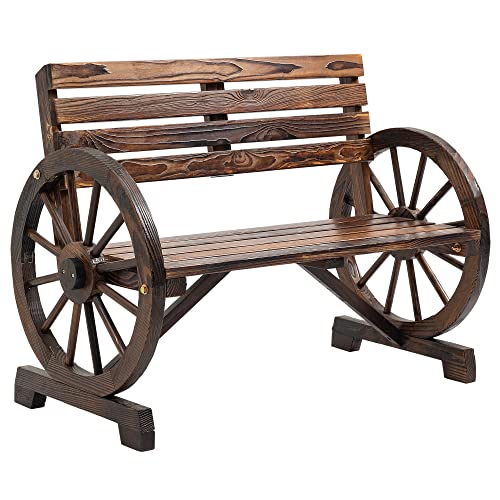 Outsunny 2-Sitzer Gartenbank Tannenholz, Sitzbank Wagenrad, Holzbank 240kg belastbar mit Armlehne Landhausstil, Balkonbank für Terrasse, Garten Außenbereich, 105,5 x 56 x 79 cm, Braun