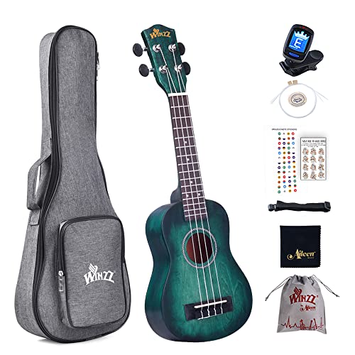 Winzz 21" Sopran Ukulele Anfänger Set Kinderm Erwachsene, Einzigartiges Farbdesign, mit Tasche, Stimmgerät, Zusätzlichen Saiten, Gurt, Noten-Aufkleber, Poliertuch-Dunkles Cyan