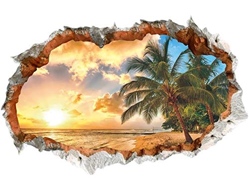 WandSticker4U®- 3D Wandtattoo SONNENUNTERGANG I Wandbild: 90x60 cm I Wandsticker Meer Strand Palm Insel Karibik Poster Fensterblick I Wand Deko für Wohnzimmer Schlafzimmer Küche Türaufkleber