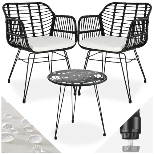 tectake® Outdoor Rattan Sitzgruppe, Möbel für 2 Personen, 3-TLG. Bistroset, Balkonmöbel, Gartenmöbel Set mit 2X Stühle + Tisch, kleine Lounge wetterfest für Garten Balkon Terrasse schwarz