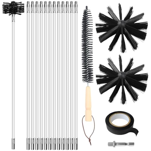 Lvjkes 16 Stk kaminbürste,Ofenrohrbürste-Reinigungsset,mit 12 Stangen 410 mm, 2 Bürstenköpfe 100 mm,1 Sechskantstange 4,5cm,1 Holzstielbürste 38cm,für Kamin,Schornstein,Trocknerkanal,Luftauslass