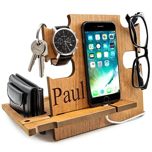 Personalized Gift for Him, Engraved Docking Station, Christmas Gift for Men - Smartphone Stand, Wooden Desk Organizer, Charging Station, Valentine's Day Gift