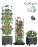 Rankhilfe Obelisk mit Blumenkasten auf Rollen, 174cm Selbstbewässerung Tomatentopf Hochbeet Pflanzkasten für Kletterpflanzen zum Klettern Garten Obelisk Tomatenturm für Patio Gewächshaus Gartenarbeit