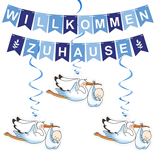 Willkommen Zuhause Baby, Vormontiert Herzlich Willkommen Girlande, mit 6 Stück Storch zur Geburt, Babyparty Deko Junge, Willkommen Zuhause Girlande, Welcome Home Baby