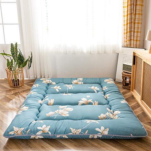MAXYOYO Japanische Bodenmatratze, Futon-Matratze, Dicke Tatami-Matte, Schlafunterlage, Faltbare Roll-Matratze, Schlafsaal, Matratze, Bodenliege, Kissen, Bett (Blaue Blume, 150 x 200 cm)