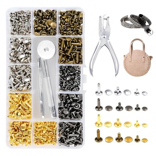 Leder Nieten Set, 360 Set Ledernieten Hohlnieten Metallnieten Doppelkappe Nieten 3 Größen Nieten mit 3 Stück Fixierung Werkzeug Lochzange für DIY Leder Handwerk Tasche Kleidung