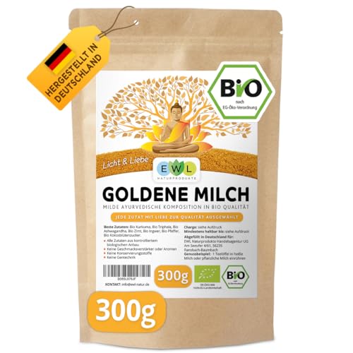 EWL Naturprodukte Bio Goldene Milch 300g,Golden Milk mit Kurkuma, Triphala, Ashwaganda, Ceylon Zimt, Ingwer, Ceylon Pfeffer, Kokosblütenzucker