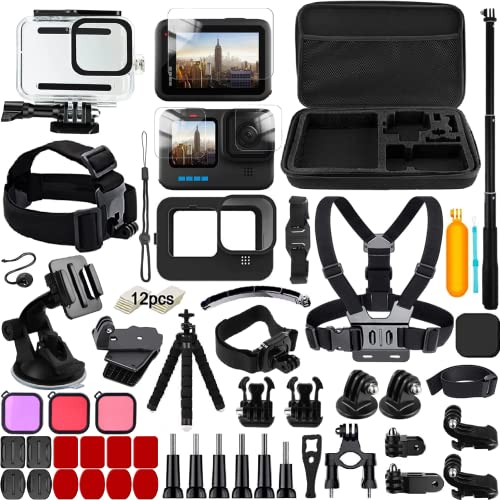 65-in-1 Zubehör Set für GoPro Hero 12/11/10/9 Black, YAVOCOS Zubehör Kit für GoPro Action Kameras, Schutzfolie Wasserdichtes Gehäuse Silikon Schutzhülle Selfie Stick Filter für GoPro Hero 9 10 11 12