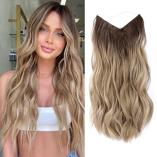 Ms Taj Invisible Secret Wire Extensions 50cm,mit Einstellbarer Größe Ombre Blonde Haarverlängerung Lange Synthetik mit Clips ein Stück lockiges Haarteile für Frauen