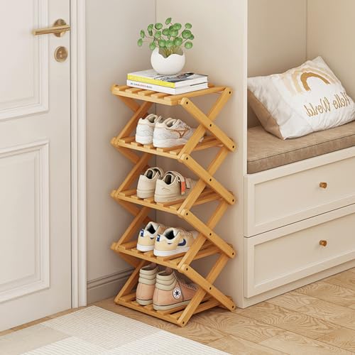 XZXWZX Schuhregal, Bambus Faltbare Schuhe Veranstalter Freistehende Regal für Eingang, Schrank, Schlafzimmer, Flur, | Natural | Funktionale | Multifunktionale Schuhregal (Holzfarbe 5 Schichten