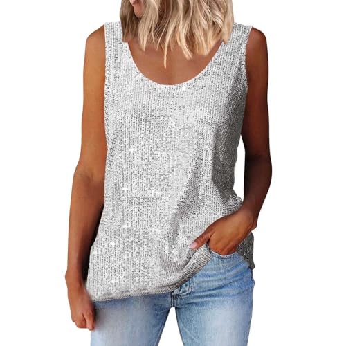 Generisch Western Bluse Damen Damen Sommermode Pailletten Tops Hals Pailletten Ärmellose Tank Tops Blusen Anziehsachen Damen (Silver, L)